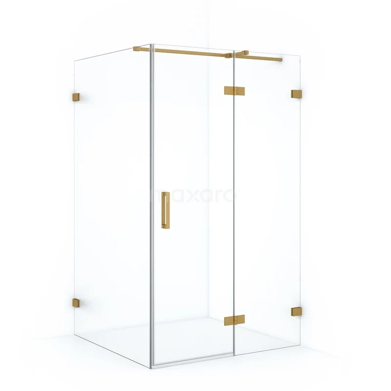 Glass shower enclosure with gold-coloured hinges and Handle, modern design for the bathroom.