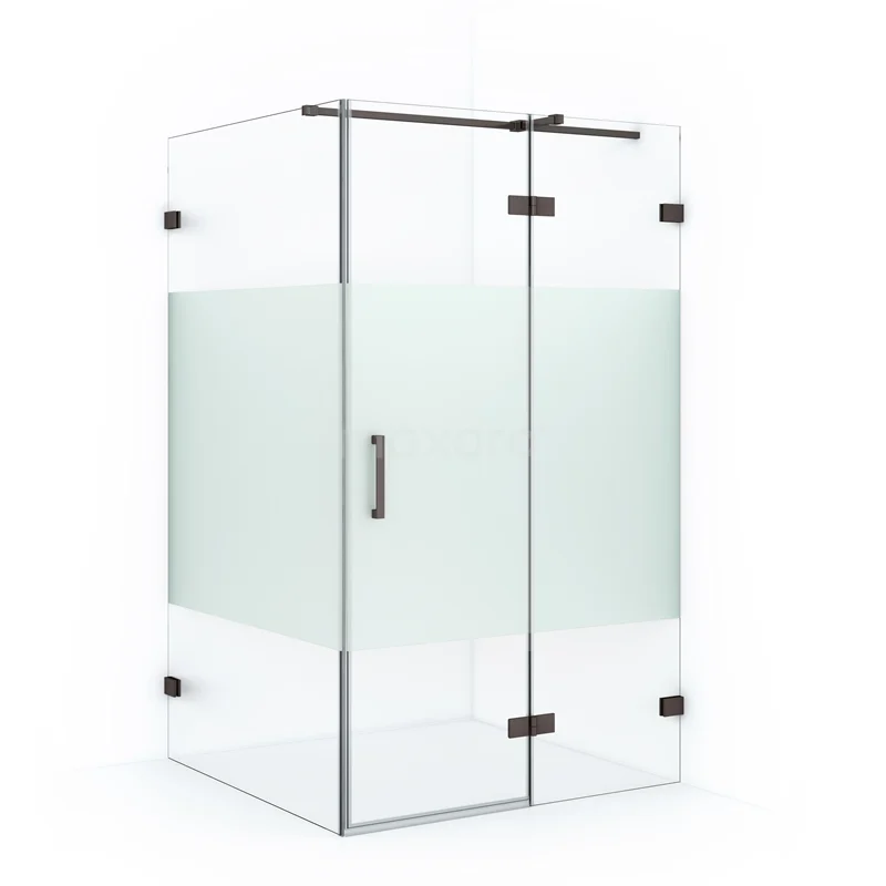 Diamond Shower cabin | 110x80 cm Black metal Clear with matt strip Pivot door Rectangle CDB226508323ZM Glass shower enclosure with matte white central panel, square design and metal hinges, ideal for modern bathrooms.