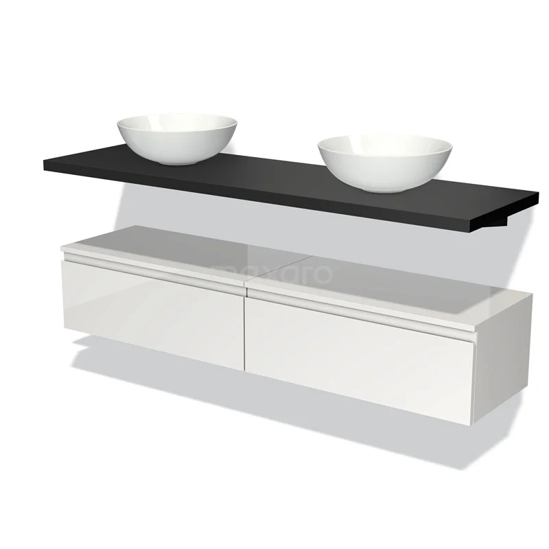 White bathroom furniture set with black worktop, double countertop wash basins and modern design line, perfect for a stylish bathroom.