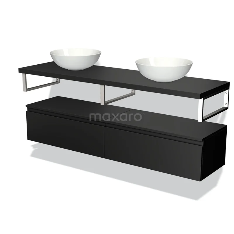 Black double wash basin set with white round countertop wash basins, modern design style, ideal for luxury bathroom interiors.