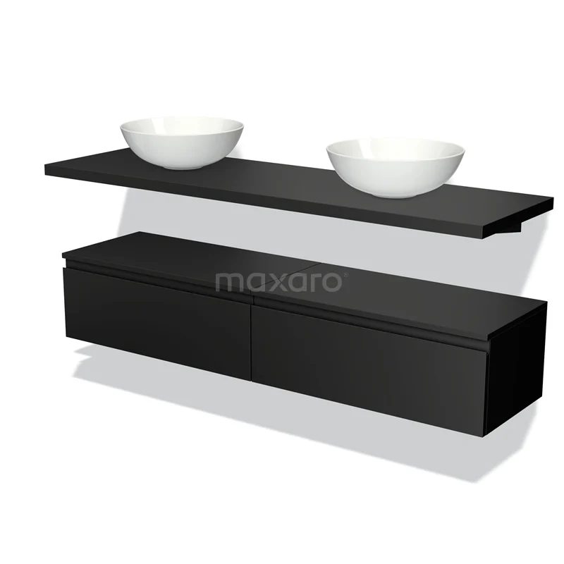 Waschtischunterschrank mit Konsole 160 cm Modulo Plato Matt Schwarz 2 Schubladen Grifflos BMK32-00122 Schwarzes Waschtischset mit schwebendem Regal und zwei weißen Aufsatzwaschbecken, ideal für moderne Badezimmergestaltung.