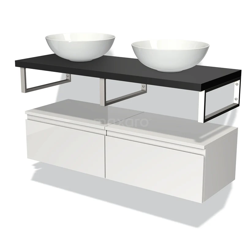 Badmöbel für Aufsatzwaschbecken 120 cm Modulo Plato Hochglanz Weiß 2 Schubladen Grifflos Matt Schwarz Platte BMK32-00115 Doppelwaschbeckenmöbelset mit weißen keramischen Aufsatzwaschbecken, schwarzer Holzplatte und Chromstützen; modernes Badezimmerdesign.