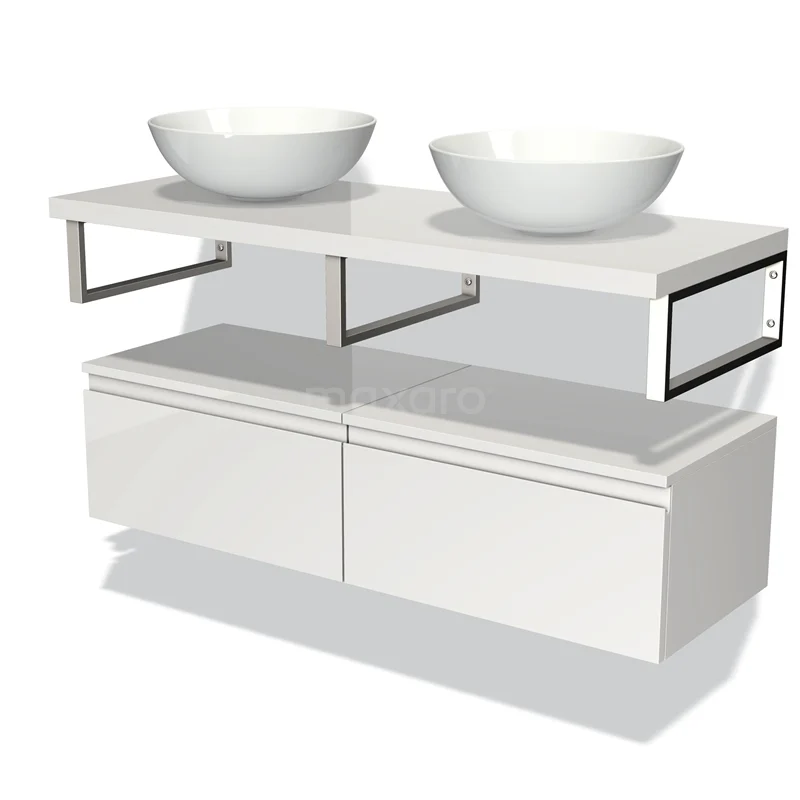 Waschtischunterschrank mit Konsole 120 cm Modulo Plato Hochglanz Weiß 2 Schubladen Grifflos BMK32-00113 Weiße Badmöbelset mit zwei runden Aufsatzwaschbecken, minimalistisches Design und Schubladen, ideal für ein modernes Badezimmer.