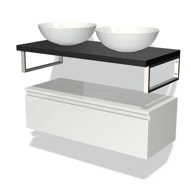 Waschtischunterschrank mit Konsole 100 cm Modulo Plato Hochglanz Weiß 1 Schublade Grifflos Matt Schwarz Platte BMK32-00085 Weißes Badezimmermöbel mit schwarzer Platte, zwei runden Aufsatzwaschbecken und metallischen Akzenten; stilvolles und modernes Design.