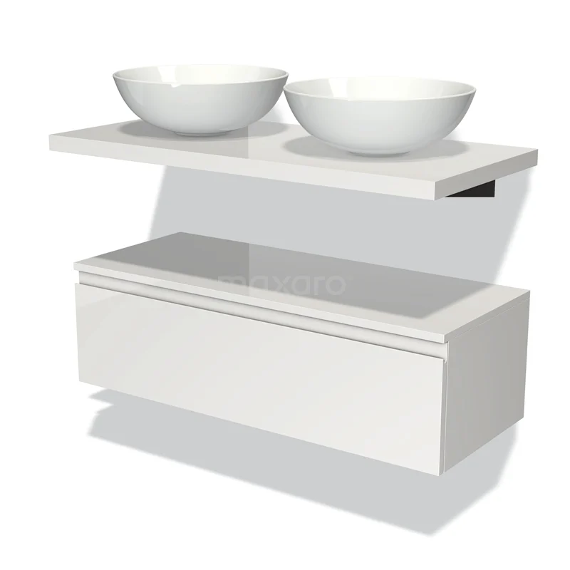 White bathroom unit with double round countertop wash basins, floating design, modern style, made of high-quality materials.