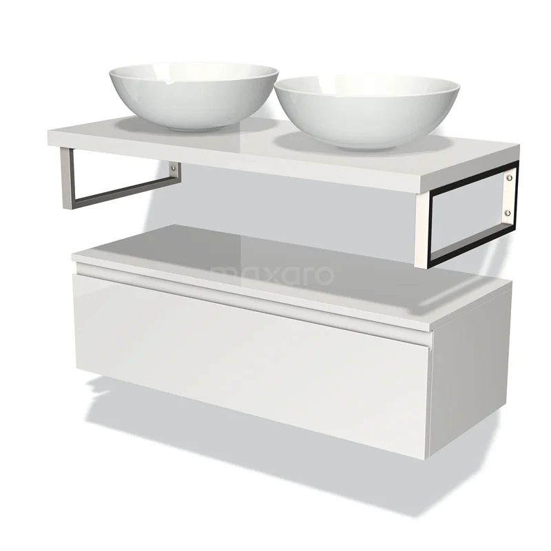 Waschtischunterschrank mit Konsole 100 cm Modulo Plato Hochglanz Weiß 1 Schublade grifflos BMK32-00083 Weißes Badezimmermöbel mit Doppelwaschbecken, minimalistisches Design, schwebendes Modell mit Schubladen und moderner Verarbeitung.