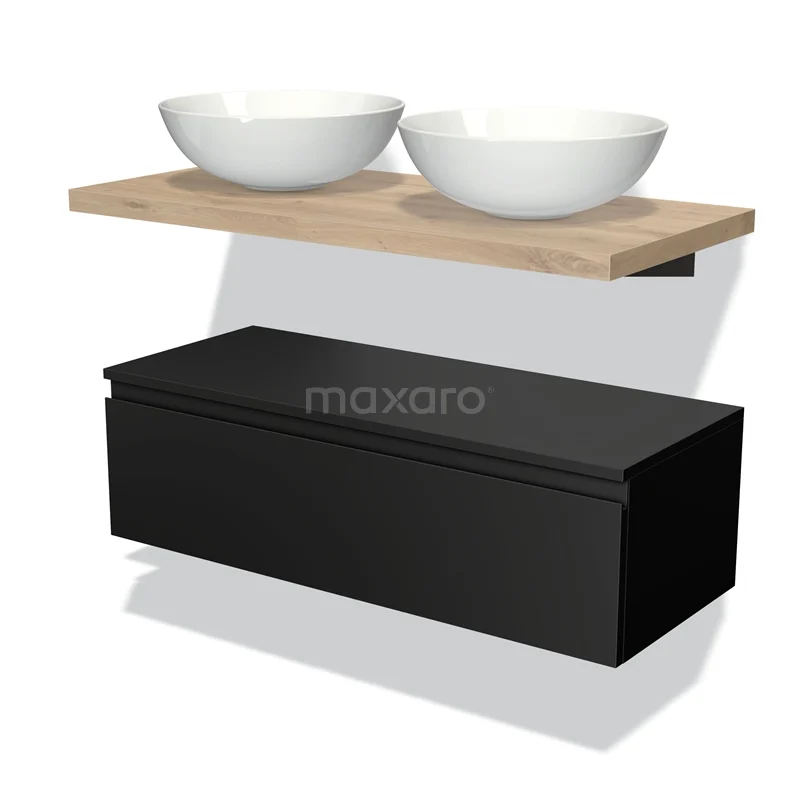 Floating bathroom unit with black base unit, wooden worktop and double white countertop wash basin, ideal for modern bathrooms.