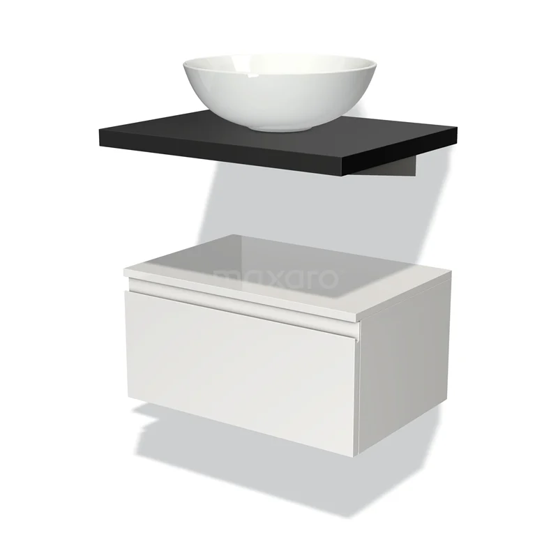 White hanging bathroom cabinet with black basin worktop and round basin worktop, stylish and modern design.