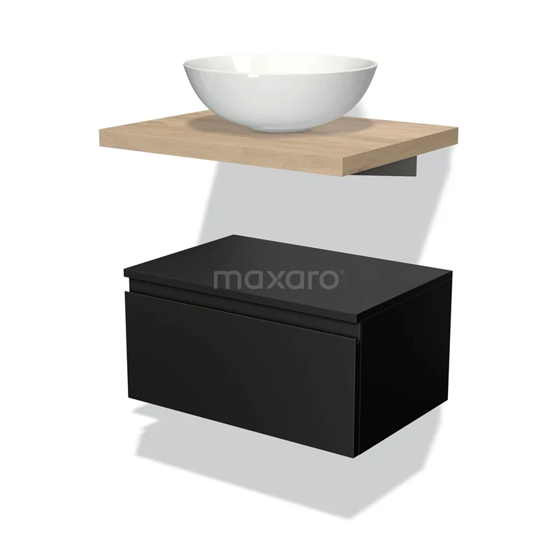 Basin with white bowl, wood-coloured shelf and black drawers, ideal for modern bathroom design.
