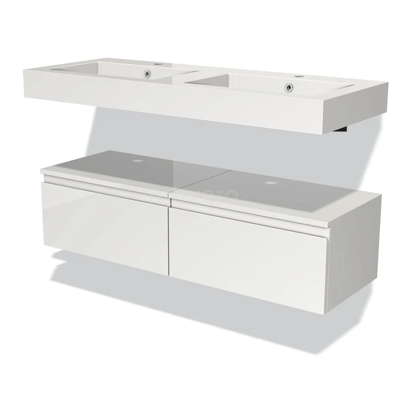 Wit badkamermeubel met dubbele wastafel en glanzende afwerking, modern design met ruime opbergmogelijkheden.