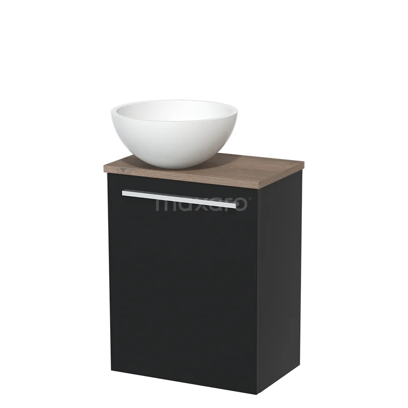 WC-Möbel mit Aufsatzwaschbecken | 41 cm Matt Schwarz Glatte Front Matt Weiß Solid Surface Aufsatzwaschbecken Mittelbraune Eiche Platte TMK10-04450 Schwarzer Badschrank mit Holzplatte, weißem runden Aufsatzwaschbecken und modernem Erscheinungsbild; stilvolles Badmöbel.