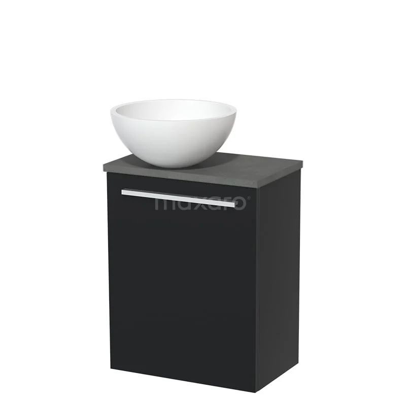 WC-Möbel mit Aufsatzwaschbecken | 41 cm Matt Schwarz Glatte Front Matt Weiß Solid Surface Aufsatzwaschbecken Dunkelgrauer Beton TMK10-05203 Schwarzer Badschrank mit weißem, komformenten Waschbecken, modernes Design, ideal für kompakte Bäder.