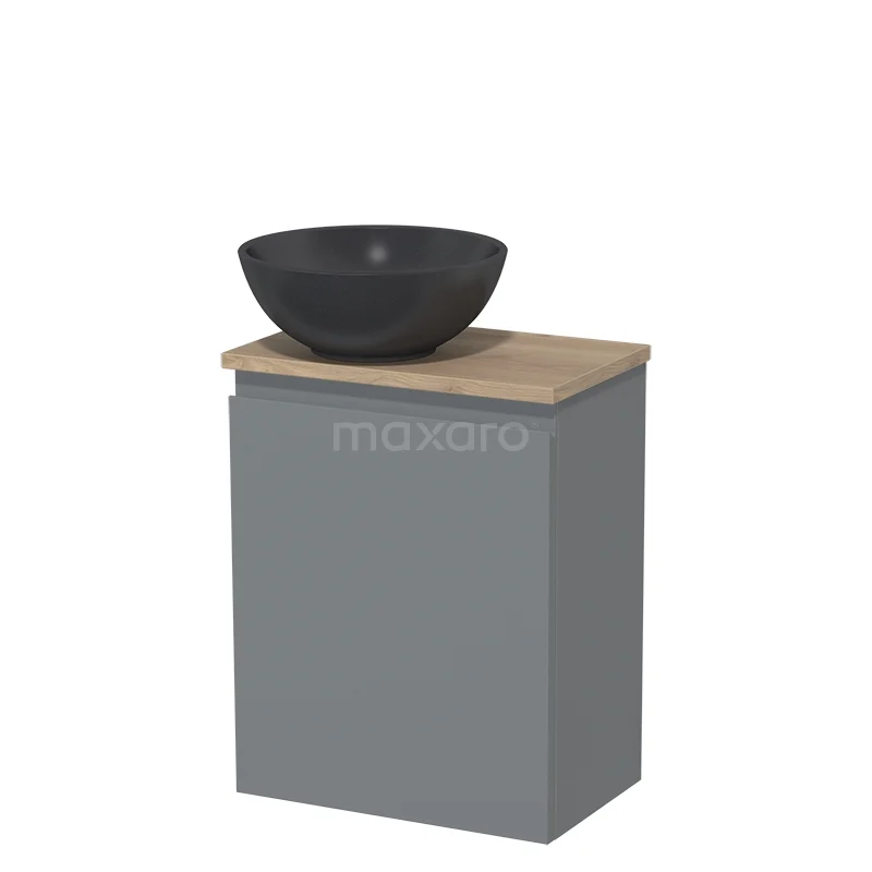 Toilet unit with countertop wash basin | 41 cm Mid grey Handleless front Matte black Quartz basin Light brown oak worktop TMK10-02769
