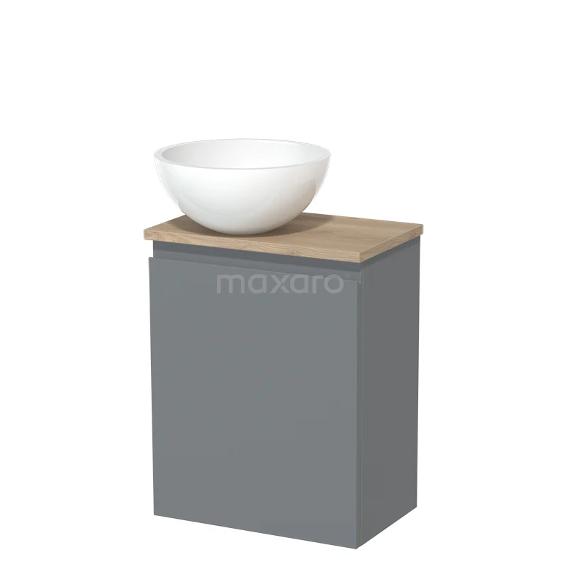 Toilet unit with countertop wash basin | 41 cm Mid grey Handleless front High-gloss white Mineral marble basin Light brown oak worktop TMK10-02772