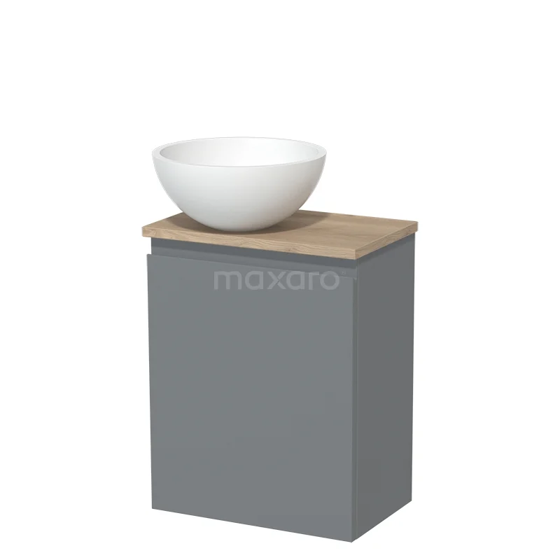 Toilet unit with countertop wash basin | 41 cm Mid grey Handleless front Matte white Solid surface basin Light brown oak worktop TMK10-02773