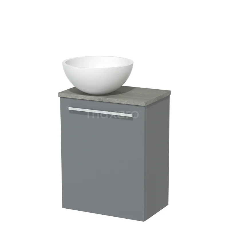 WC-Möbel mit Aufsatzwaschbecken | 41 cm Mittelgrau Glatte Front Matt Weiß Solid Surface Aufsatzwaschbecken Graue Eiche Platte TMK10-00716 Grauer Badschrank mit modernem Waschbecken, Keramikschüssel und schicker Verarbeitung. Ideal für stilvolle Badezimmergestaltung.