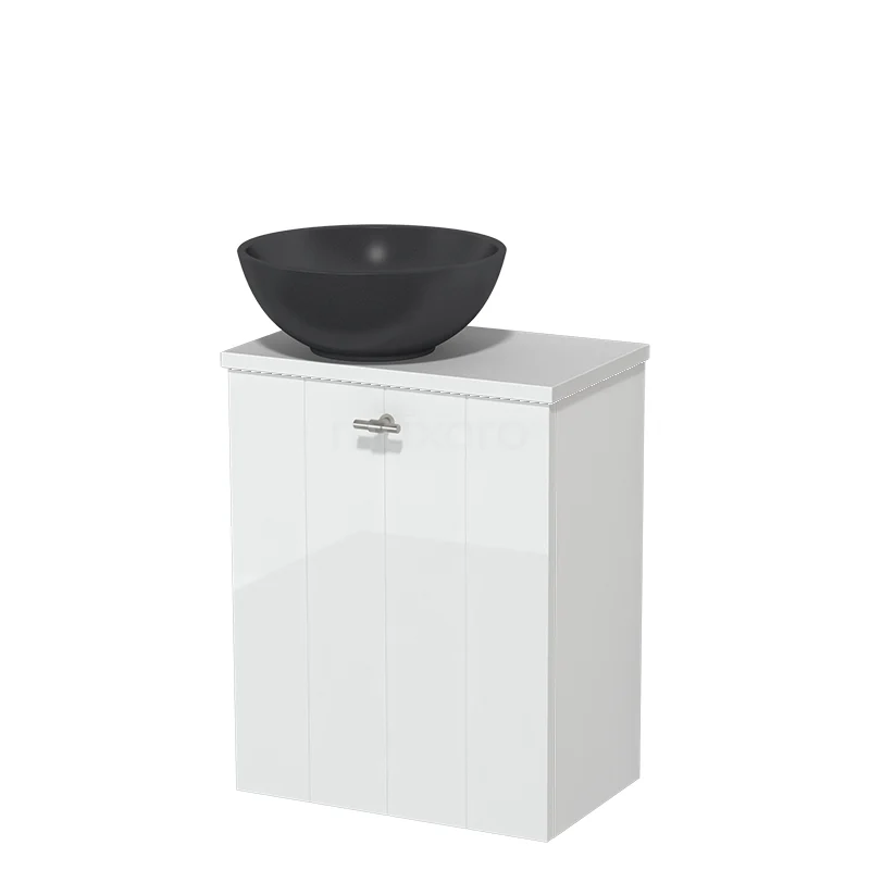 WC-Möbel mit Aufsatzwaschbecken | 41 cm Hochglanz Weiß Lamellenfront Matt Schwarz Quarz Aufsatzwaschbecken Matt Weiß Platte TMK10-05449 Weiße Badmöbelset mit einem stilvollen schwarzen runden Aufsatzwaschbecken, aus Keramik gefertigt, ideal für moderne Bäder.