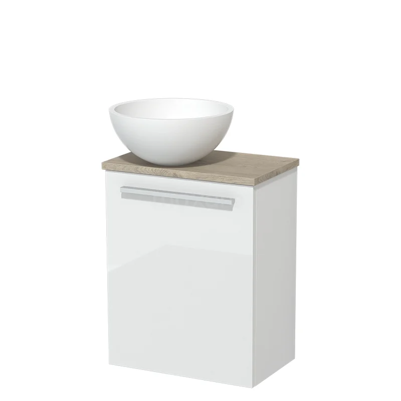 Toilet unit with countertop wash basin | 41 cm High-gloss white Flat front Matte white Solidtop wash basin Light grey oak worktop TMK10-05523