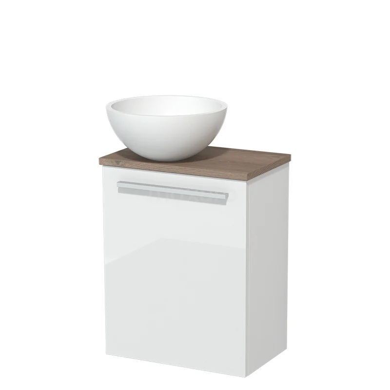 WC-Möbel mit Aufsatzwaschbecken | 41 cm Hochglanz Weiß Glatte Front Matt Weiß Solid Surface Aufsatzwaschbecken Mittelbraune Eiche Platte TMK10-04490 Weißes Badezimmermöbel mit holzfarbener Platte und runder keramischer Aufsatzwaschbecken, modernes Design für optimalen Badezimmerraum.