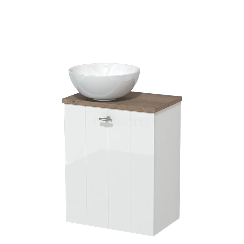 Toilet unit with countertop wash basin | 41 cm High-gloss white Lamel front High-gloss white Ceramic countertop wash basin Mid brown oak worktop TMK10-04492