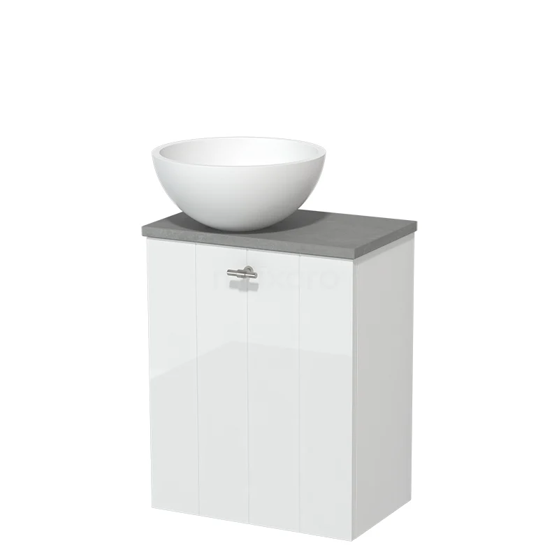 Toilet unit with countertop wash basin | 41 cm High-gloss white Lamel front Matte white Solid surface wash basin Light grey concrete worktop TMK10-05588