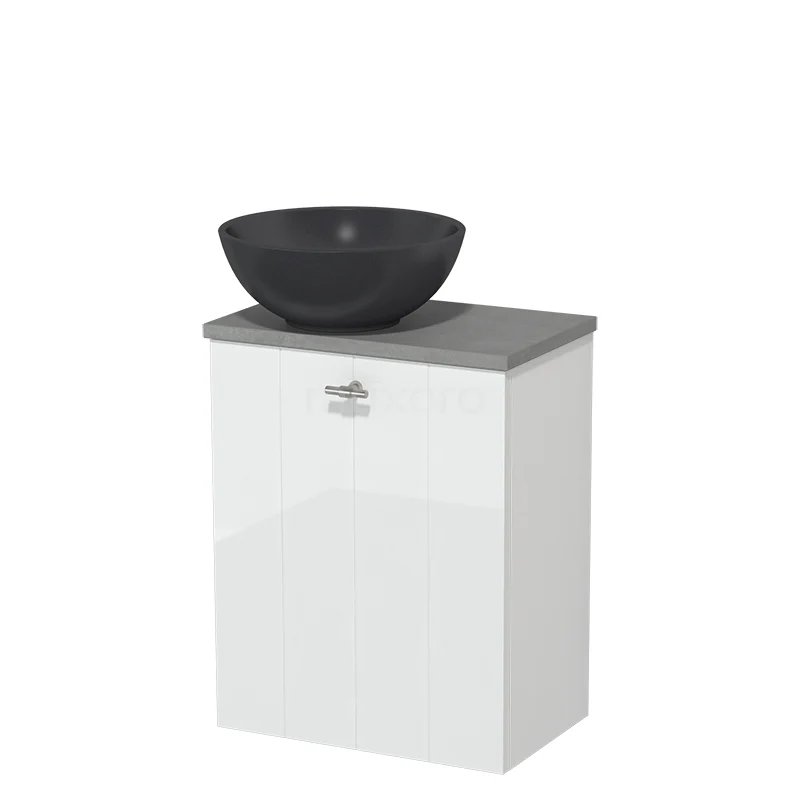 Countertop wash basin | 41 cm High-gloss white Lamel fronts Matte black Quartz wash basin Light grey concrete worktop TMK10-05589