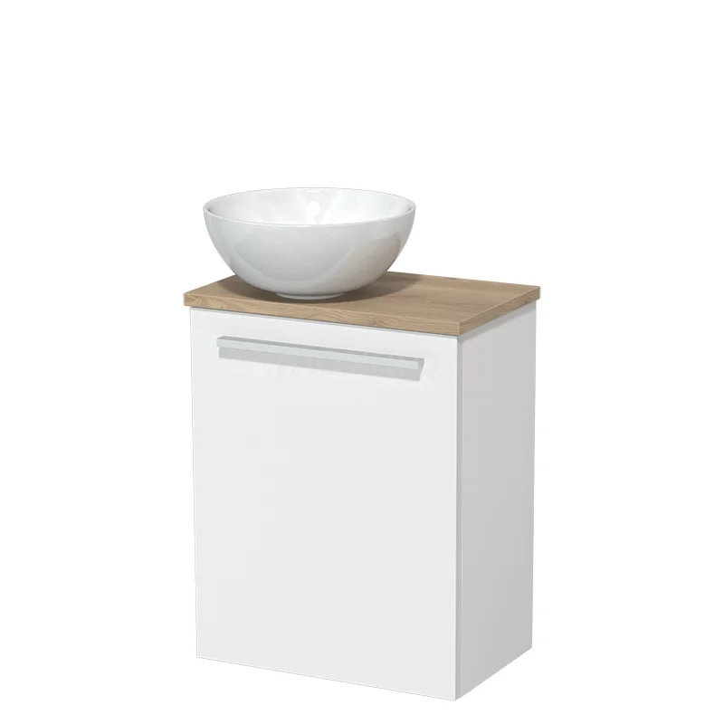 Toilet unit with wash basin | 41 cm Matte white Flat front High-gloss white Ceramic basin Light brown oak worktop TMK10-02795