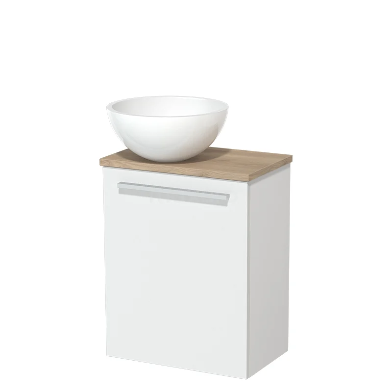 Toilet unit with wash basin | 41 cm Matte white Flat front High-gloss white Mineral marble basin Light brown oak worktop TMK10-02797