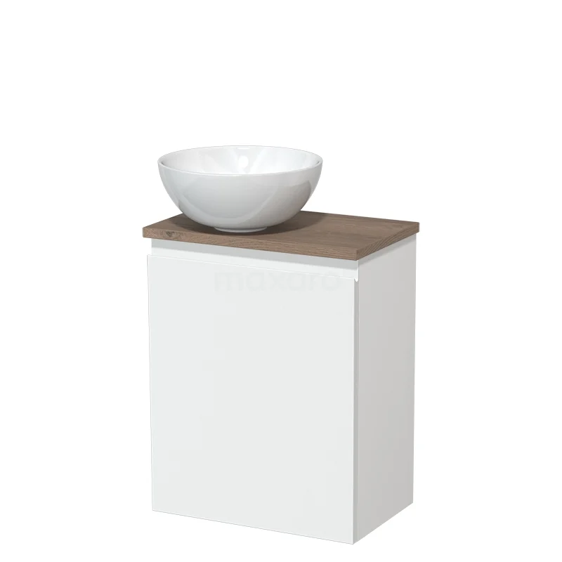 Toilet unit with countertop wash basin | 41 cm Matte white Handleless front High-gloss white Ceramic basin Mid brown oak worktop TMK10-04517