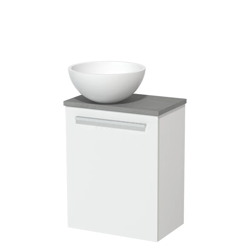 WC-Möbel mit Aufsatzwaschbecken | 41 cm Matt Weiß Glatte Front Matt Weiß Aufsatzwaschbecken Hellgrauer Beton Platte TMK10-05783 Weißes Badezimmermöbel mit grauer Platte und rundem Waschbecken, kompaktes Design, ideal für moderne Bäder.