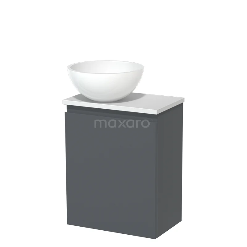 WC-Möbel mit Aufsatzwaschbecken | 41 cm Dunkelgrau Grifflose Front Hochglanz Weiß Mineralguss Aufsatzwaschbecken Matt Weiß Platte TMK10-05877 Grauer Badschrank mit weißer Waschbecken, modernes Design, ideal für moderne Badezimmer, Teil der Premium Badmöbel-Serie.