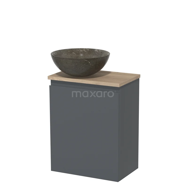 Toilet unit with countertop wash basin | 41 cm Dark grey Handleless front Blue stone Natural stone Countertop wash basin Light brown oak worktop TMK10-02826