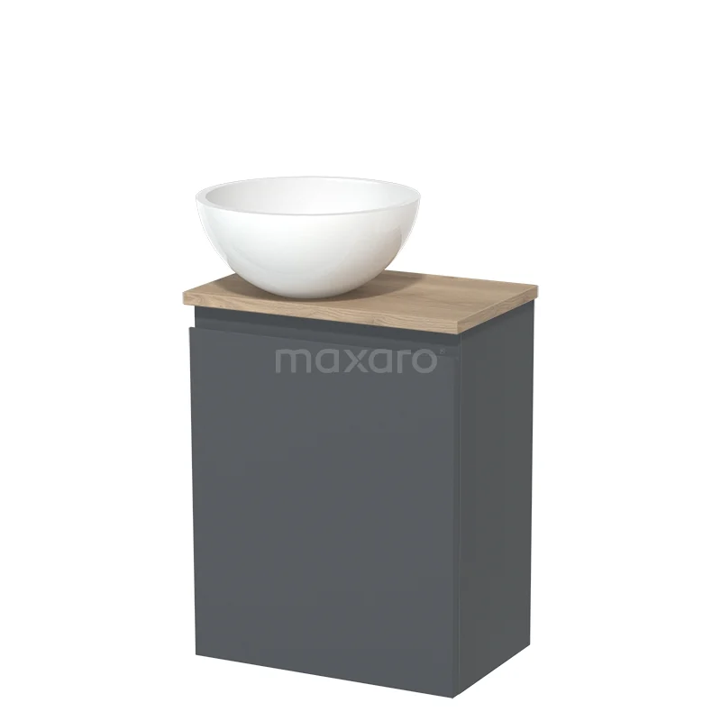 WC-Möbel mit Aufsatzwaschbecken | 41 cm Dunkelgrau Grifflose Front Hochglanz Weiß Mineralguss Aufsatzwaschbecken Hellbraune Eiche Platte TMK10-02827 Grauer Badschrank mit Holzoptik Platte, weißem runden Aufsatzwaschbecken; modernes Design; ideal für eine stilvolle Badezimmer Einrichtung.