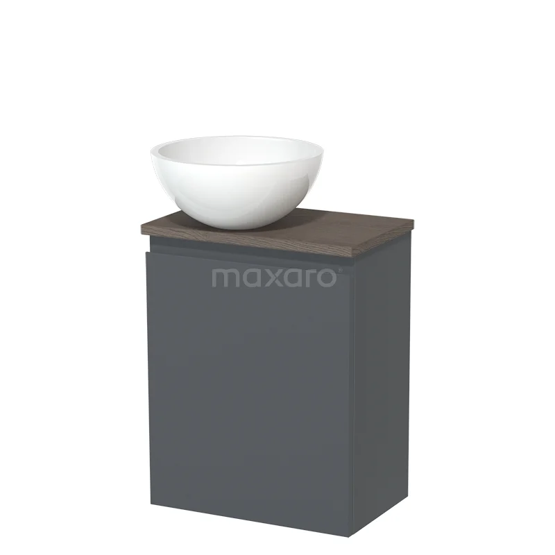 Grijze badkamerkast met houtlook bovenblad en witte ronde waskom, compact en stijlvol ontwerp voor moderne badkamers.