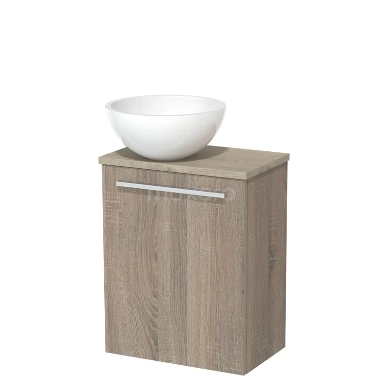 WC-Möbel mit Aufsatzwaschbecken | 41 cm Eiche glatte Front Hochglanz Weiß Mineralguss Aufsatzwaschbecken hellgraue Eiche Platte TMK10-06272 Holz-Badschrank in Walnussfarbe mit weißem Aufsatzwaschbecken, modernes Design, ideal für stilvolle Badezimmerlagerung.