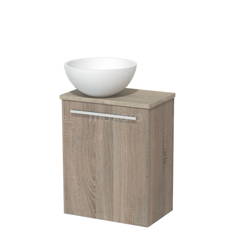 WC-Möbel mit Aufsatzwaschbecken | 41 cm Eiche Glatte Front Matt Weiß Solid Surface Aufsatzwaschbecken Hellgraue Eiche Platte TMK10-06273 Holz Badschrank mit modernem Waschbecken, hell Eiche Finish, kompaktes Design ideal für kleine Bäder.