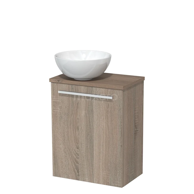 WC-Möbel mit Aufsatzwaschbecken | 41 cm Eiche Glatte Front Hochglanz Weiß Keramik-Aufsatzwaschbecken Mittelbraune Eiche Platte TMK10-04567 Holz-Badschrank mit Waschbecken, Eichenoptik, kompaktes Design mit weißer Keramikschale; stilvoll, praktisch für kleine Bäder.