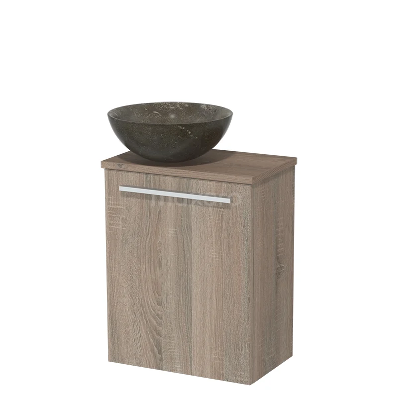 WC-Möbel mit Aufsatzwaschbecken | 41 cm Eiche glatte Front Blaustein Naturstein Aufsatzwaschbecken mittelbraune Eiche TMK10-04568 Hölzerner Badschrank mit Waschbecken, graues rundes Aufsatzwaschbecken aus Naturstein, moderne Serie, ideal für kompakte Badezimmerlagerung.