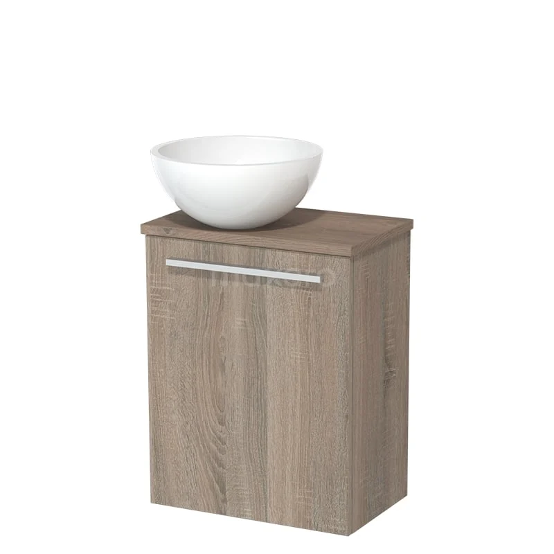 WC-Möbel mit Aufsatzwaschbecken | 41 cm Eiche glatte Front Hochglanz Weiß Mineralguss Aufsatzwaschbecken mittelbraune Eiche TMK10-04569 Eichenholz Badschrank mit weißem Aufsatzwaschbecken, modernes Design und metallischem Haltegriff, ideal für die Aufbewahrung in kleinen Bädern.
