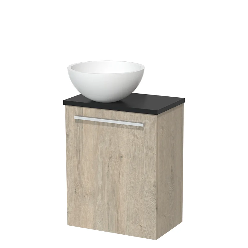 Toilet unit with wash basin | 41 cm Light grey oak Flat front Matte white Solidtop wash basin Matte black worktop TMK10-04764