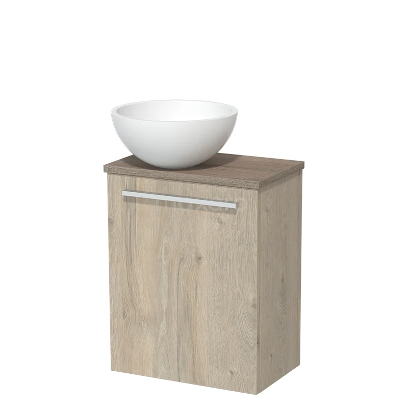 Toilet unit with countertop wash basin | 41 cm Light grey oak Flat front Matte white Solidtop wash basin Oak worktop TMK10-06373