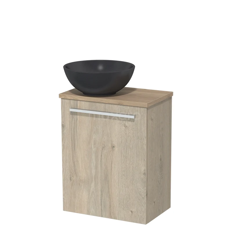 Toilet unit with countertop wash basin | 41 cm Light grey oak Flat front Matte black Quartz wash basin Light brown oak worktop TMK10-02869