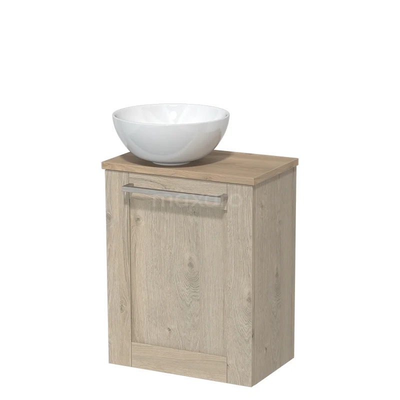 Toilet unit with countertop wash basin | 41 cm Light grey oak Frame Front High-gloss white Ceramic countertop wash basin Light brown oak worktop TMK10-02870