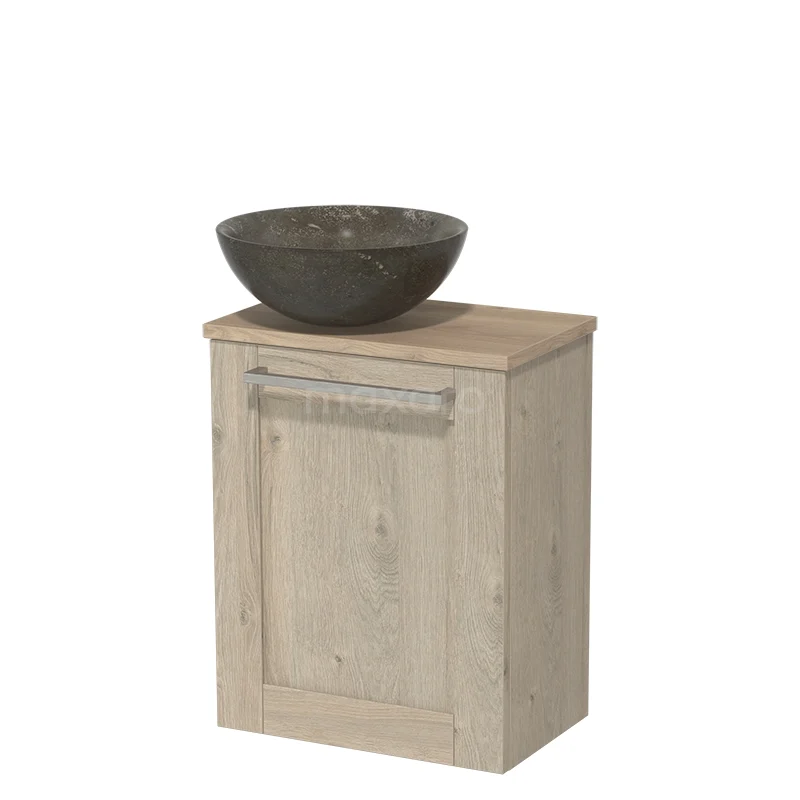 Toilet unit with countertop wash basin | 41 cm Light grey oak Front Blue stone Natural stone Countertop wash basin Light brown oak worktop TMK10-02871
