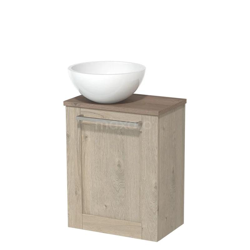 Toilet unit with countertop wash basin | 41 cm Light grey oak Front High-gloss white Mineral marble countertop wash basin Mid brown oak worktop TMK10-04584