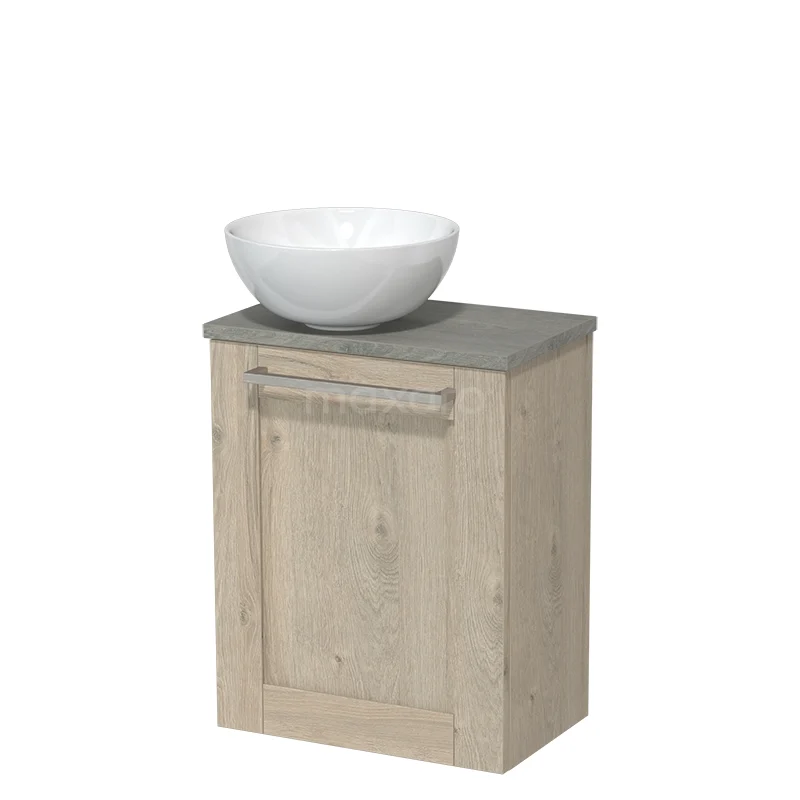 Toilet unit with countertop wash basin | 41 cm Light grey oak Countertop wash basin Front High-gloss white Ceramic worktop Grey oak worktop TMK10-02048