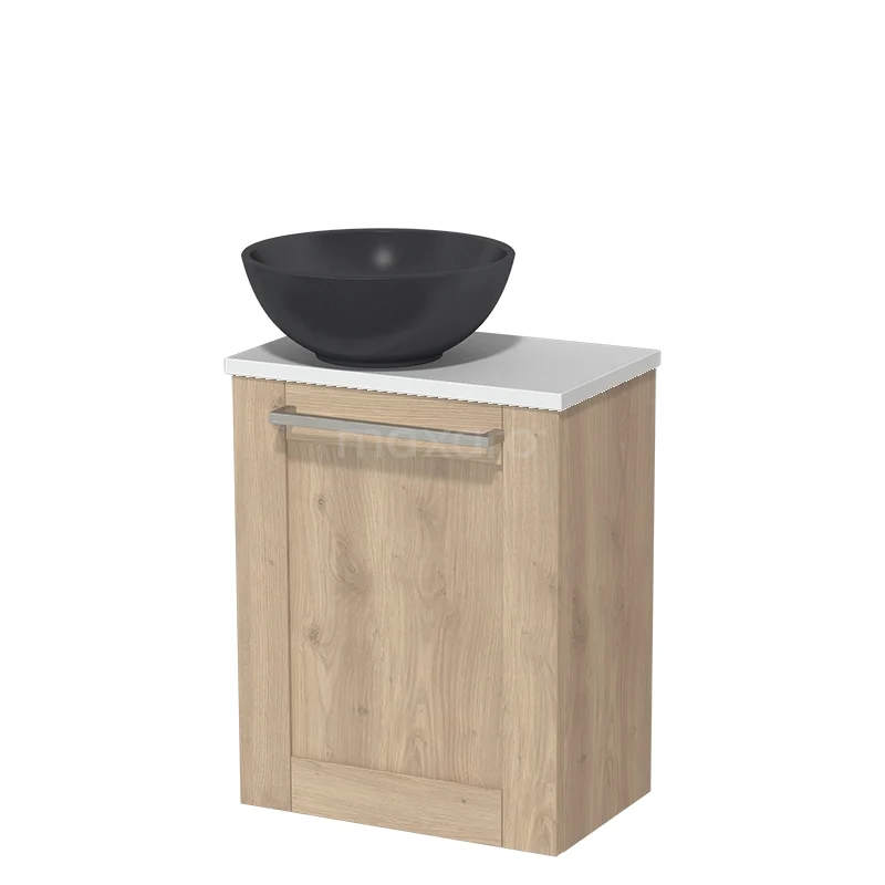 Toilet unit with countertop wash basin | 41 cm Light brown oak Front Matte black Quartz wash basin High-gloss white worktop TMK10-06439