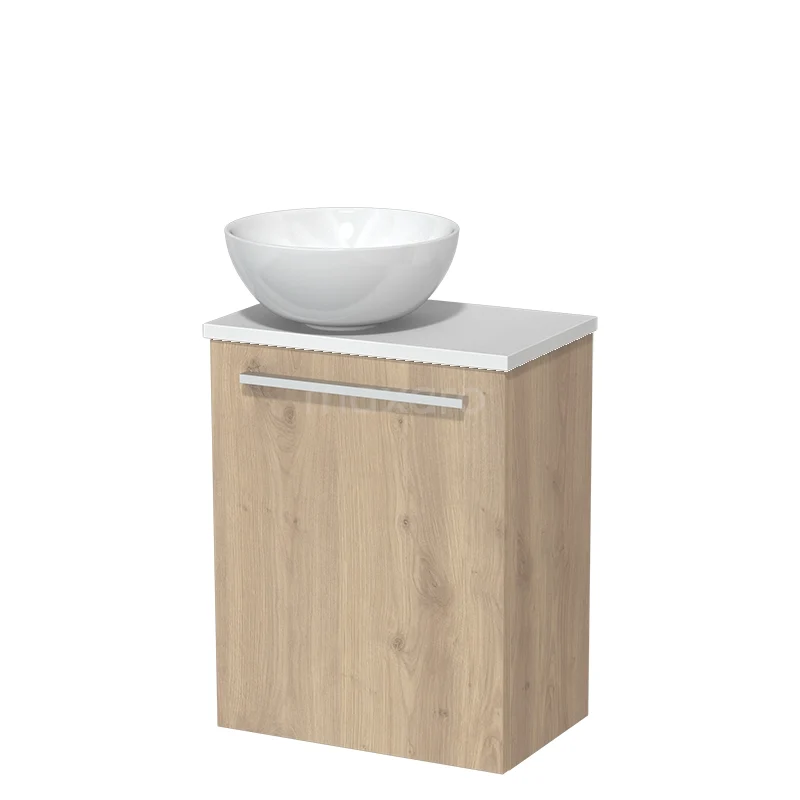 Toilet unit with wash basin | 41 cm Light brown oak Flat front High-gloss white Ceramic countertop wash basin Matte white worktop TMK10-06440