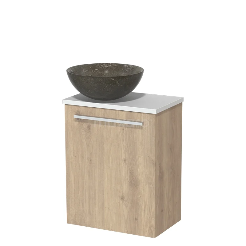 Toilet unit with wash basin | 41 cm Light brown oak Flat front Blue stone Natural stone countertop wash basin Matte white worktop TMK10-06441