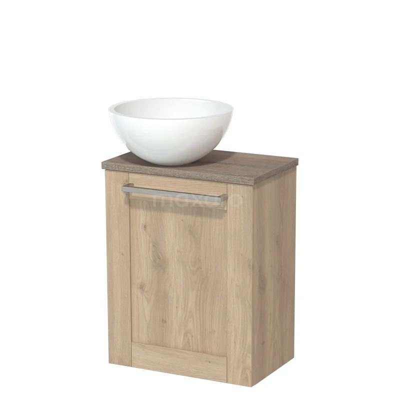 WC-Möbel mit Aufsatzwaschbecken | 41 cm Hellbraune Eiche Rahmenfront Hochglanz Weiß Mineralguss Aufsatzwaschbecken Eichenplatte TMK10-06477 Holz-Badschrank mit ländlichem Flair und keramischem Aufsatzwaschbecken, ideal für stilvolles und kompaktes Badezimmerdesign.